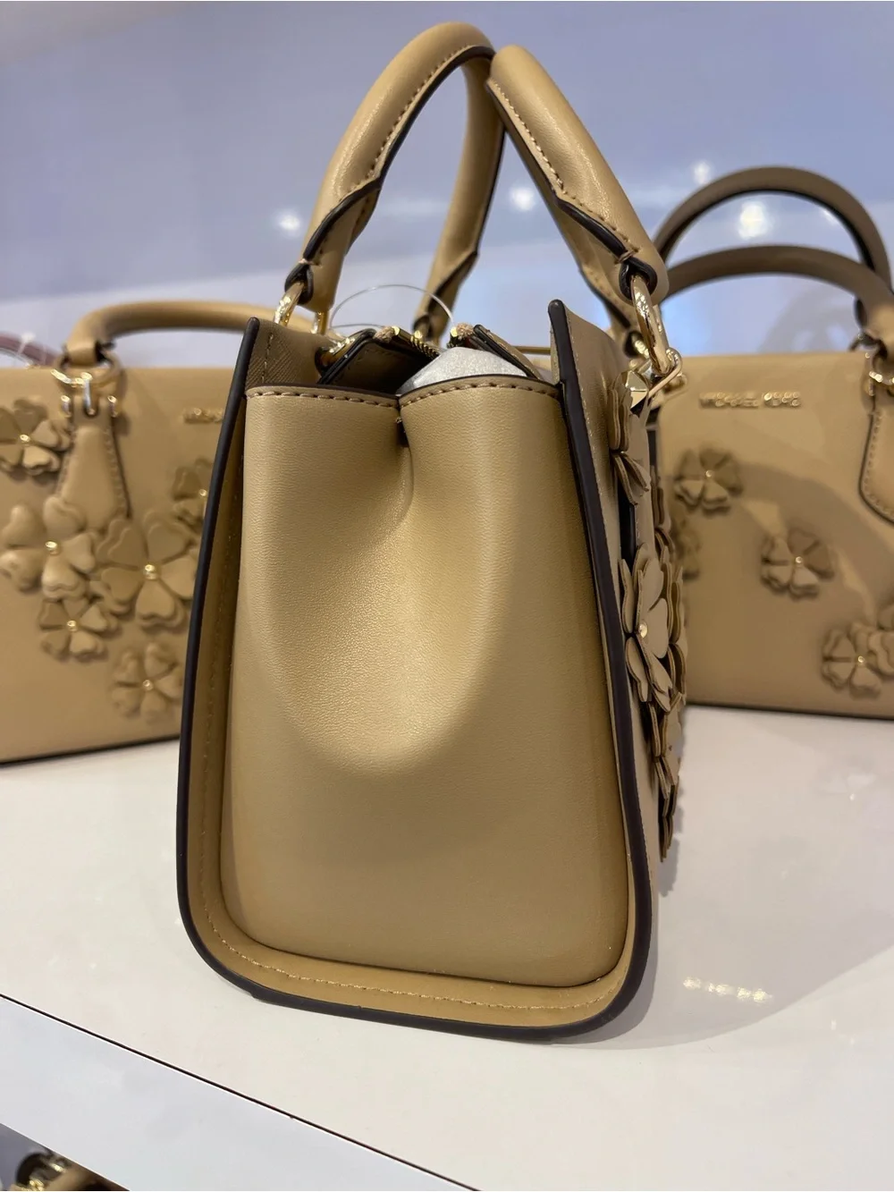 MICHAEL KORS Marilyn Sm Floral Embellished Satchel Messenger Crossbody Camel NW